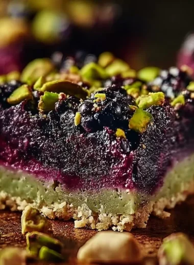 Delicious blackberry pistachio dream bars served on a plate
