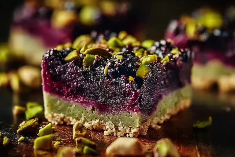 Delicious blackberry pistachio dream bars served on a plate