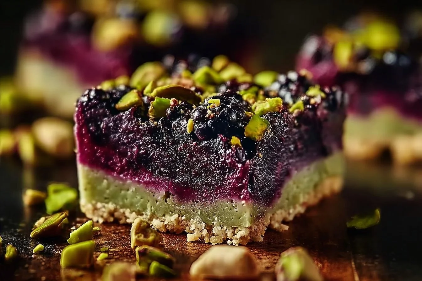 Delicious blackberry pistachio dream bars served on a plate