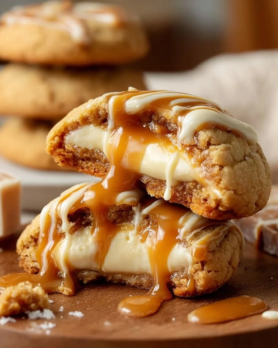 Delicious Caramel Cheesecake Cookies with creamy caramel drizzle