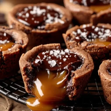 Delicious caramel chocolate cookie cups served on a plate