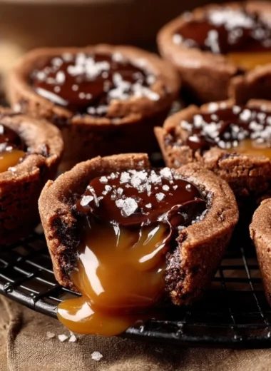Delicious caramel chocolate cookie cups served on a plate
