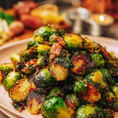 Caramelized roasted Brussels sprouts with crispy bacon on a serving platter