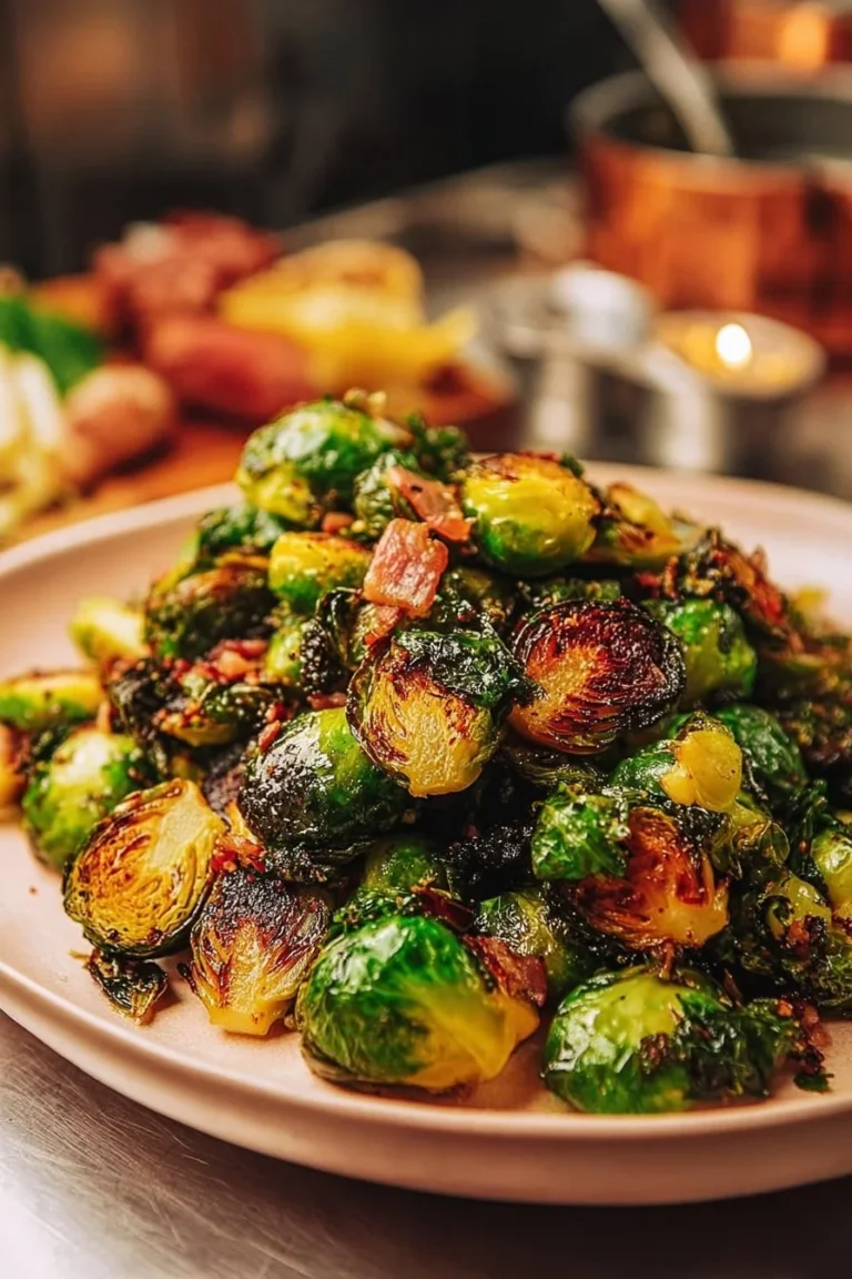 Caramelized roasted Brussels sprouts with crispy bacon on a serving platter