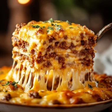 A delicious serving of Cattle Drive Casserole topped with cheese and herbs.