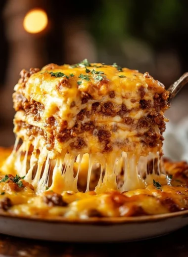 A delicious serving of Cattle Drive Casserole topped with cheese and herbs.