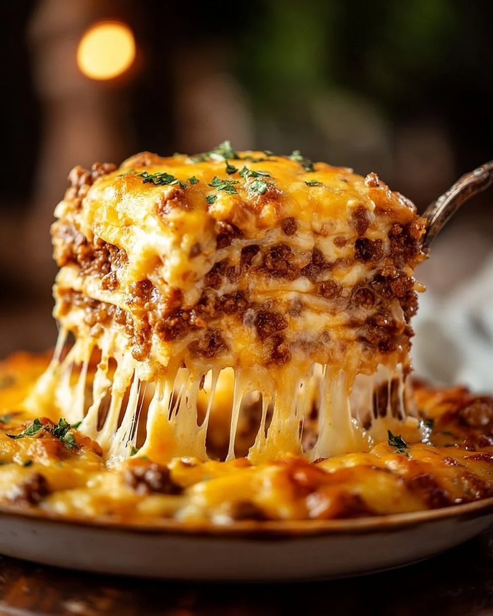 A delicious serving of Cattle Drive Casserole topped with cheese and herbs.