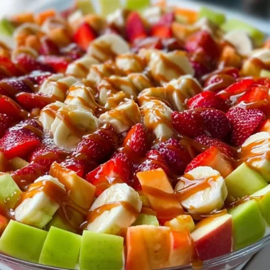 Cheesecake-inspired fruit salad garnished with colorful fresh fruits in a bowl.