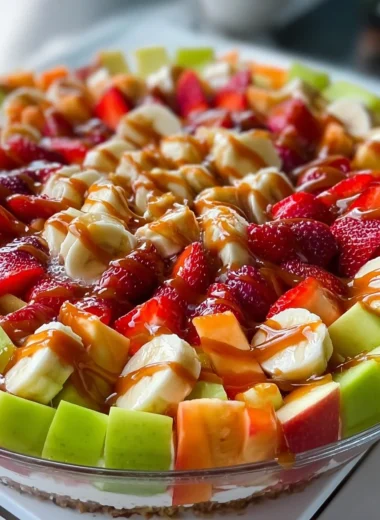 Cheesecake-inspired fruit salad garnished with colorful fresh fruits in a bowl.