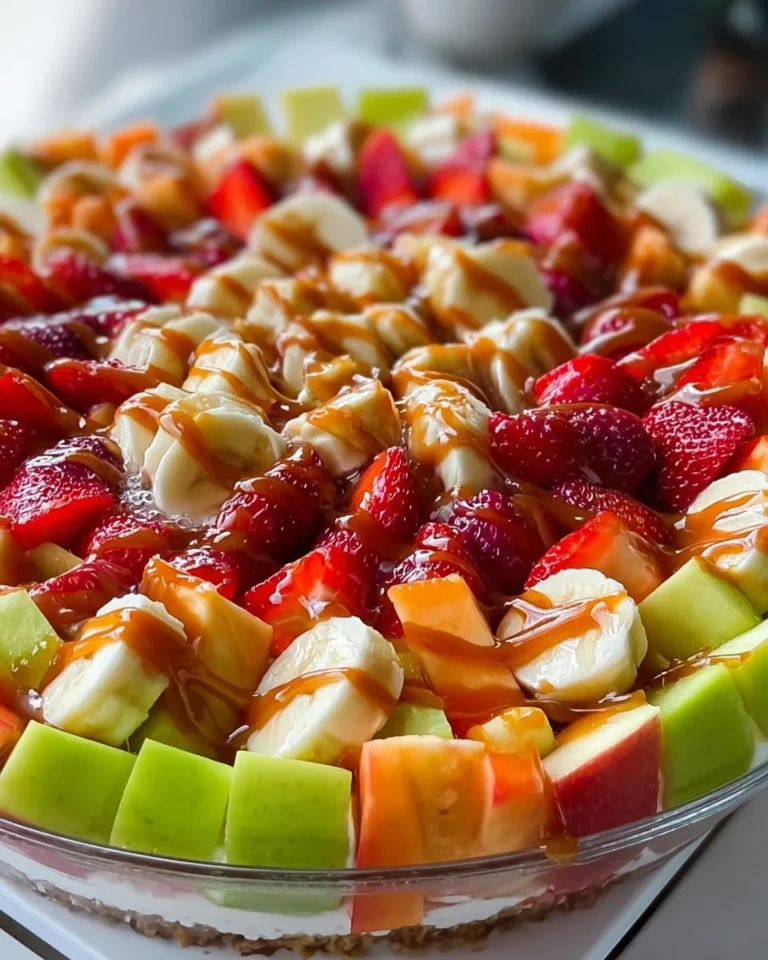 Cheesecake-inspired fruit salad garnished with colorful fresh fruits in a bowl.