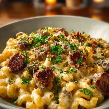 Delicious Cheesy Bratwurst Mac & Cheese served in a bowl