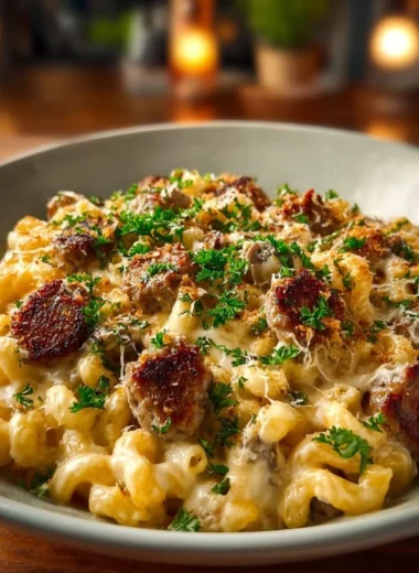 Delicious Cheesy Bratwurst Mac & Cheese served in a bowl
