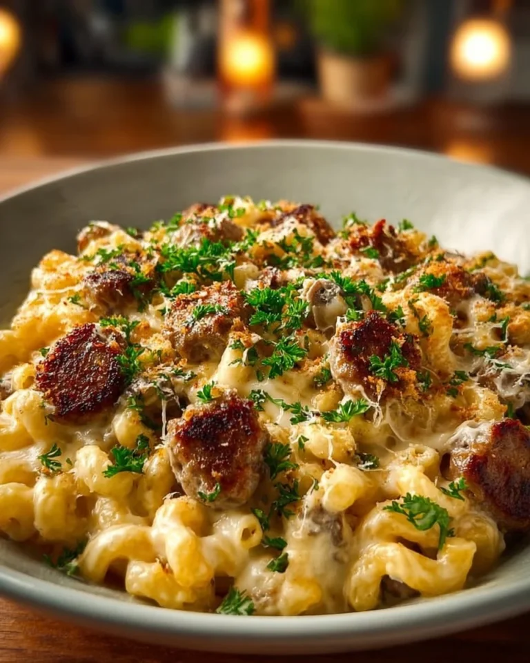 Delicious Cheesy Bratwurst Mac & Cheese served in a bowl