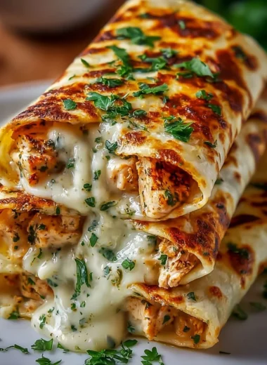 Cheesy garlic chicken wraps served on a platter