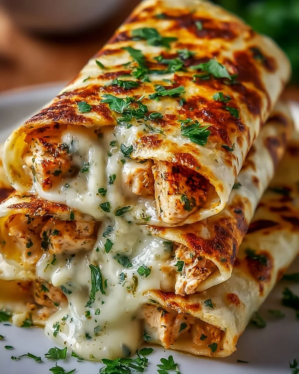 Cheesy garlic chicken wraps served on a platter