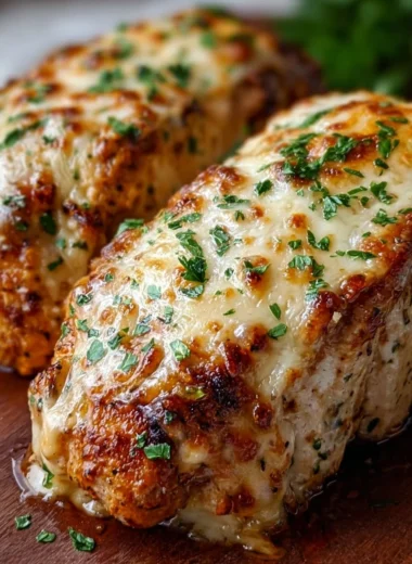 Cheesy Garlic Parmesan Chicken Loaf served with herbs and Parmesan cheese