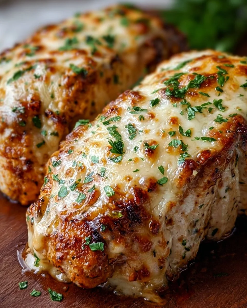 Cheesy Garlic Parmesan Chicken Loaf served with herbs and Parmesan cheese