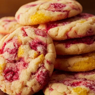 Chewy lemon raspberry cookies on a cooling rack, showcasing vibrant flavors.