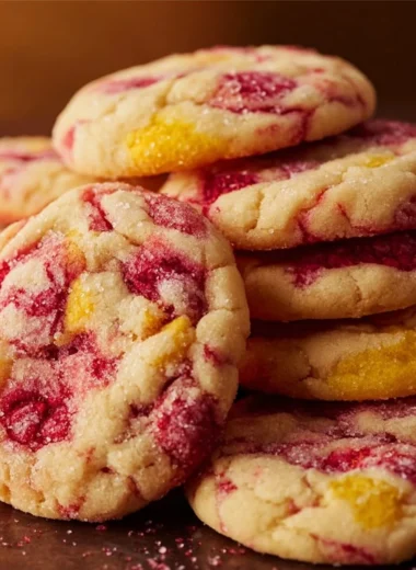 Chewy lemon raspberry cookies on a cooling rack, showcasing vibrant flavors.