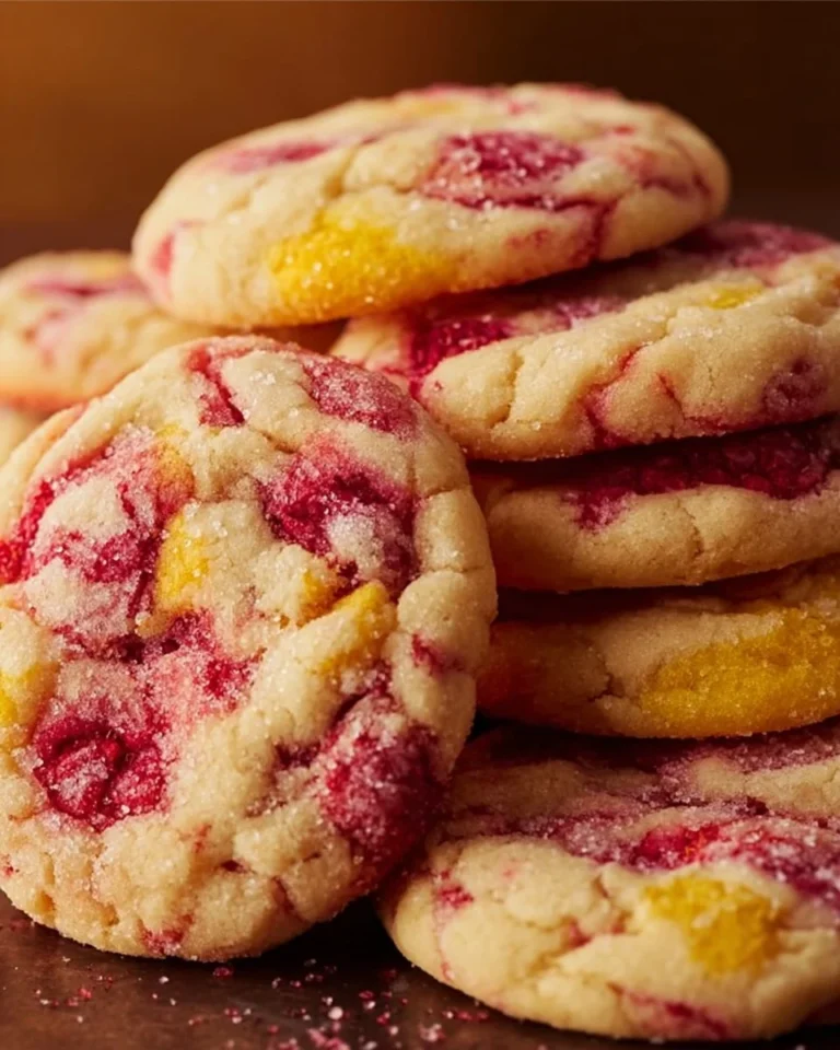 Chewy lemon raspberry cookies on a cooling rack, showcasing vibrant flavors.