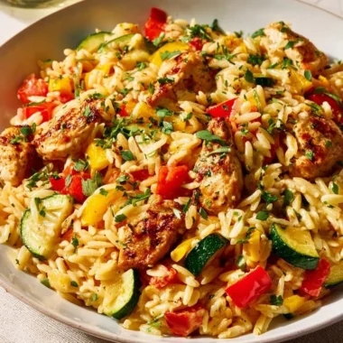 Creamy Chicken Orzo with Boursin served in a bowl.
