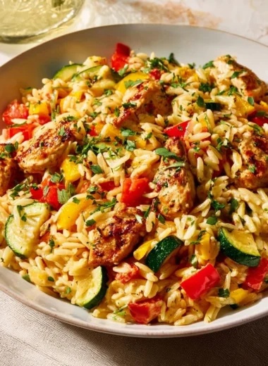 Creamy Chicken Orzo with Boursin served in a bowl.