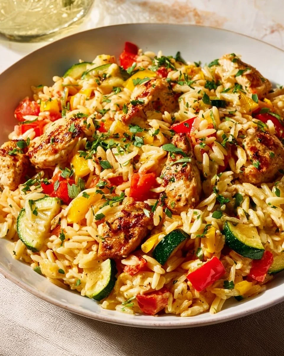 Creamy Chicken Orzo with Boursin served in a bowl.