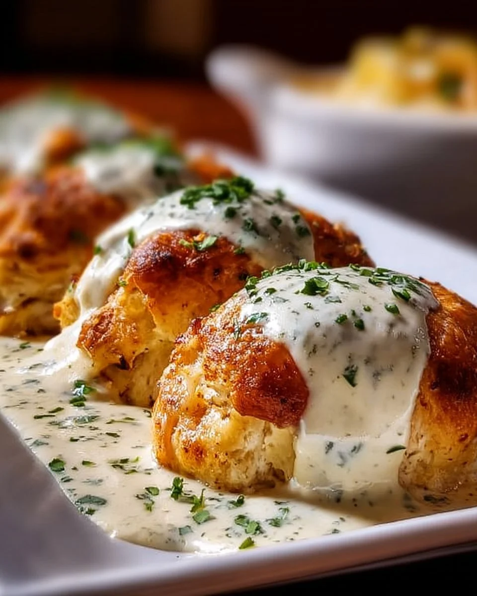 Creamy Chicken Pillows with Parmesan Sauce served on a plate