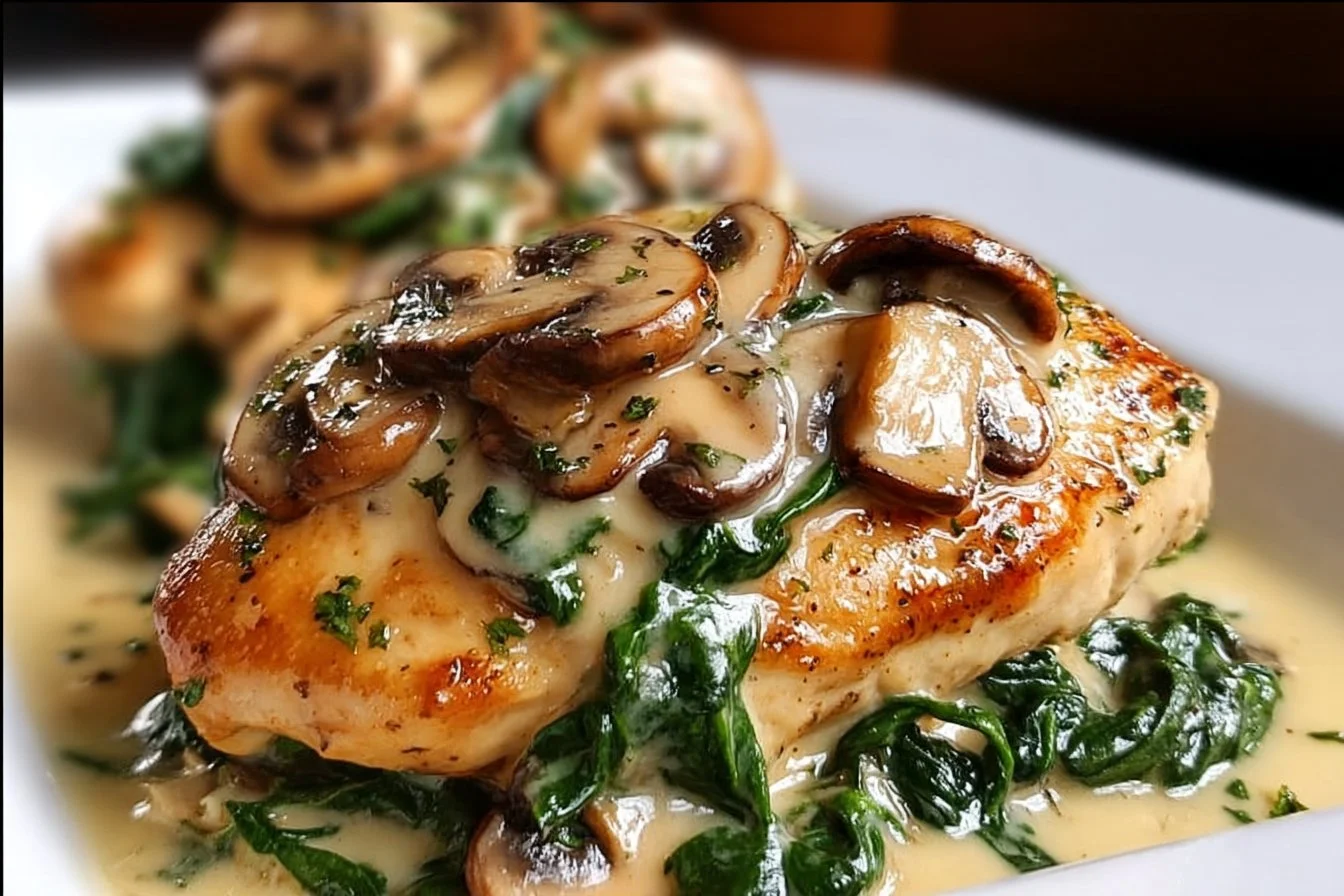 Savory chicken, spinach, and mushroom bake served in a rustic dish