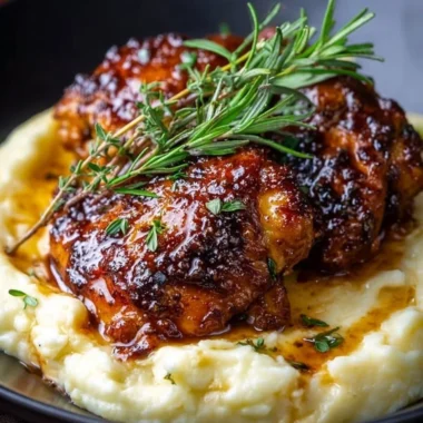 Plate of Chipotle Honey Chicken thighs with smoked gouda mashed potatoes