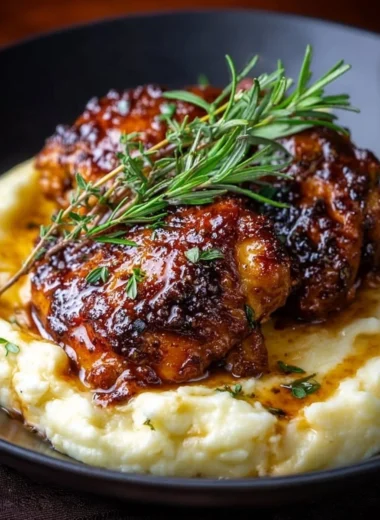 Plate of Chipotle Honey Chicken thighs with smoked gouda mashed potatoes