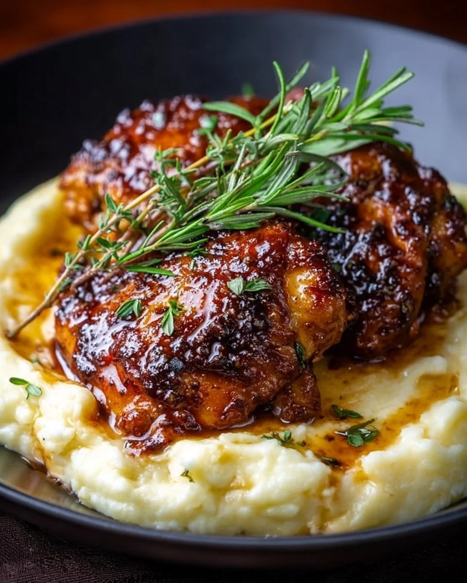 Plate of Chipotle Honey Chicken thighs with smoked gouda mashed potatoes