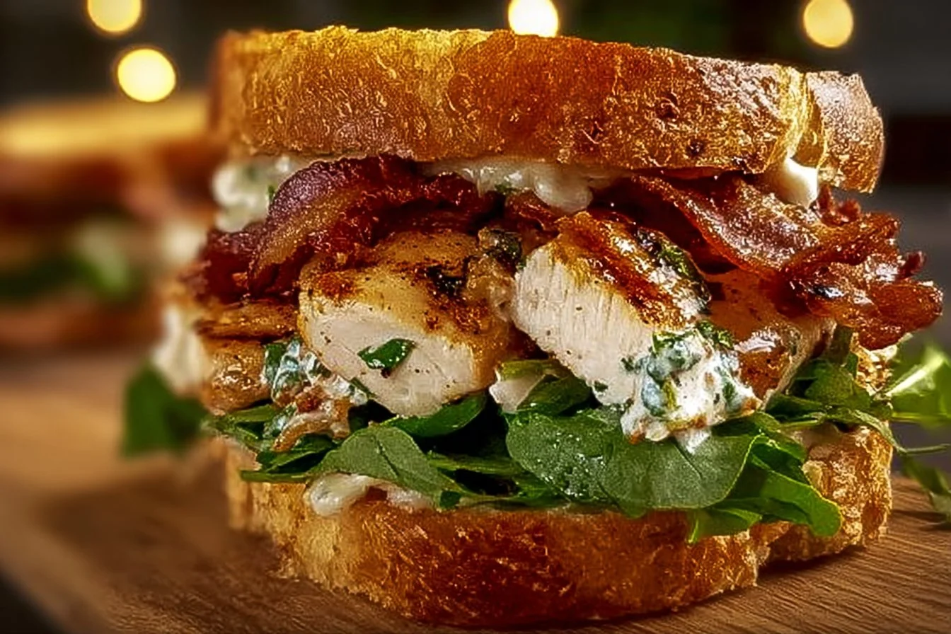 Chopped Chicken Bacon Ranch Sandwich topped with lettuce and ranch dressing