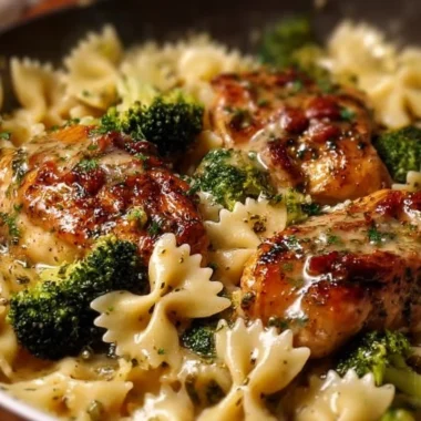 Cowboy Butter Lemon Bowtie Chicken Pasta with Broccoli on a plate