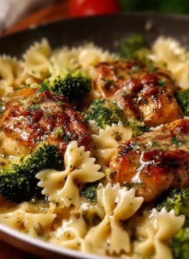 Cowboy Butter Lemon Bowtie Chicken Pasta with Broccoli on a plate