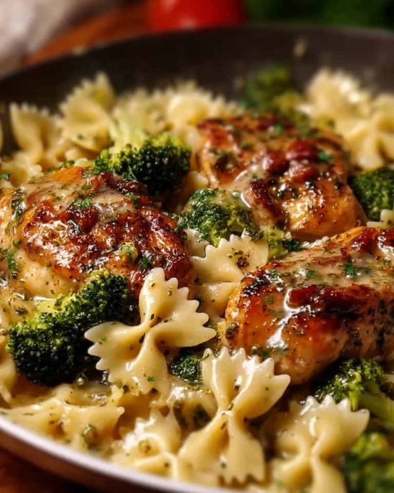 Cowboy Butter Lemon Bowtie Chicken Pasta with Broccoli on a plate