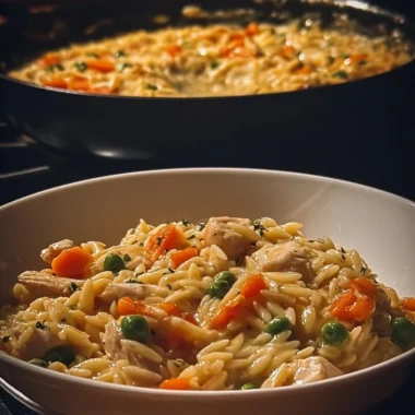 Creamy chicken pot pie with orzo and shredded chicken served in a bowl.