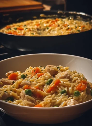 Creamy chicken pot pie with orzo and shredded chicken served in a bowl.