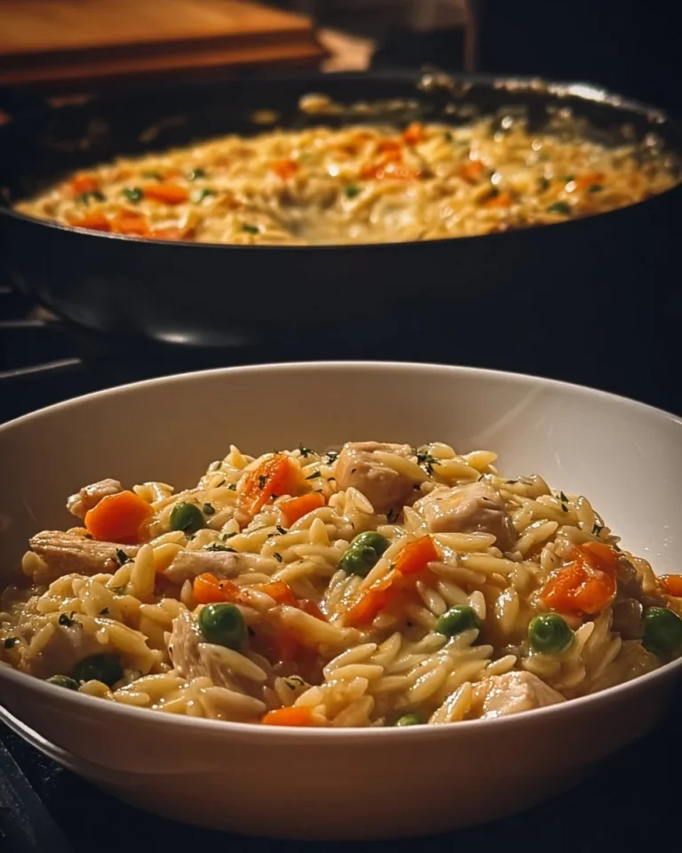 Creamy chicken pot pie with orzo and shredded chicken served in a bowl.