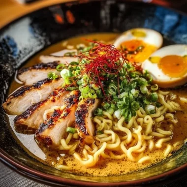 Delicious creamy garlic chicken ramen served in a bowl with fresh toppings.
