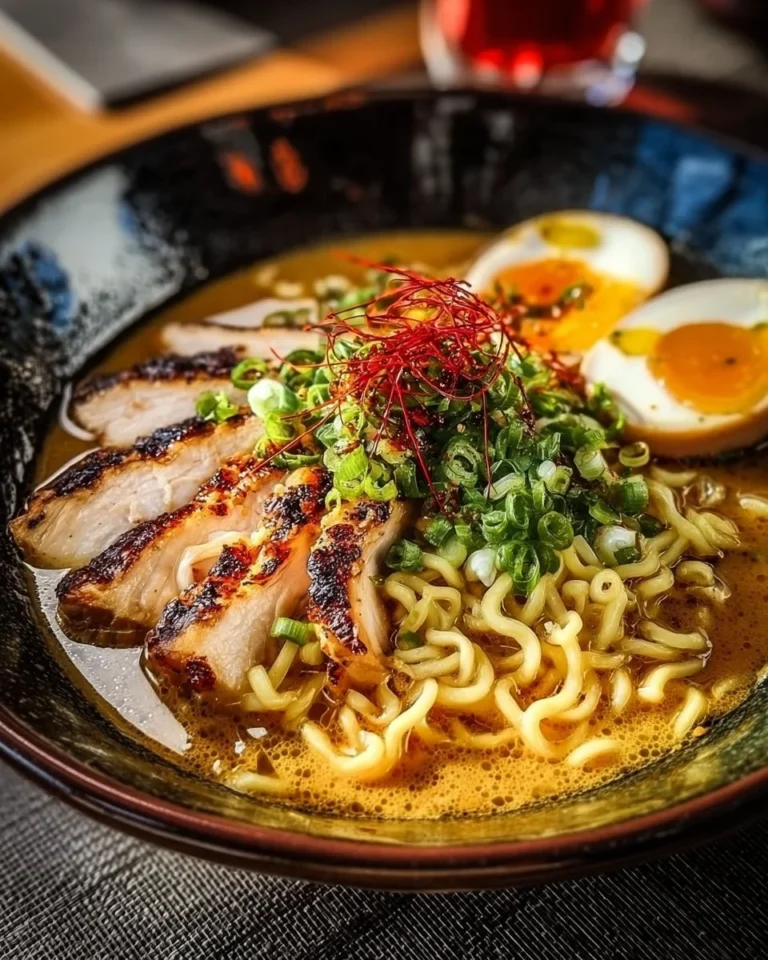 Delicious creamy garlic chicken ramen served in a bowl with fresh toppings.