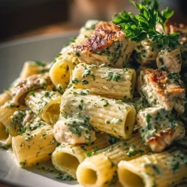 Creamy pesto chicken pasta bake topped with cheese and fresh herbs