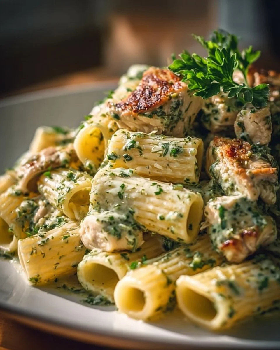 Creamy pesto chicken pasta bake topped with cheese and fresh herbs