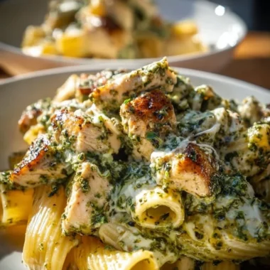 Delicious creamy pesto chicken pasta bake served in a casserole dish.