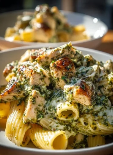 Delicious creamy pesto chicken pasta bake served in a casserole dish.