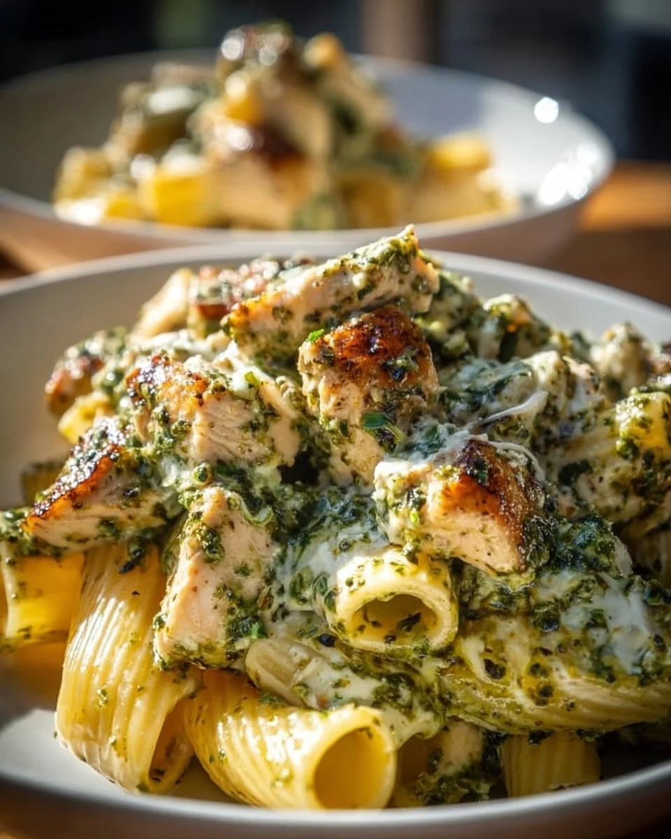 Delicious creamy pesto chicken pasta bake served in a casserole dish.