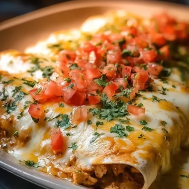 Creamy queso chicken enchiladas topped with cheese and fresh herbs