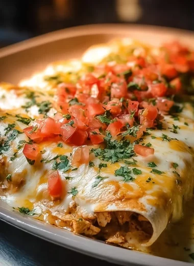 Creamy queso chicken enchiladas topped with cheese and fresh herbs