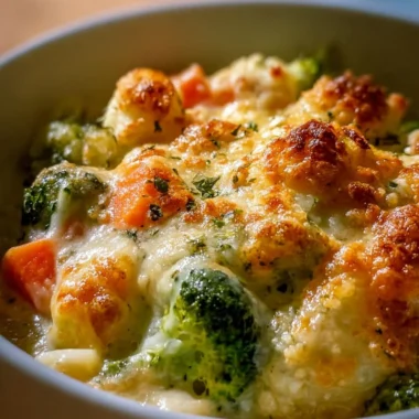 Creamy winter vegetable casserole with colorful veggies in a baking dish