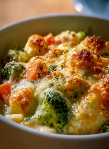 Creamy winter vegetable casserole with colorful veggies in a baking dish